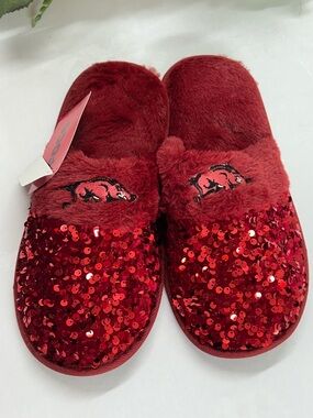 Women's Red Sequin Plush Slip-On Slippers